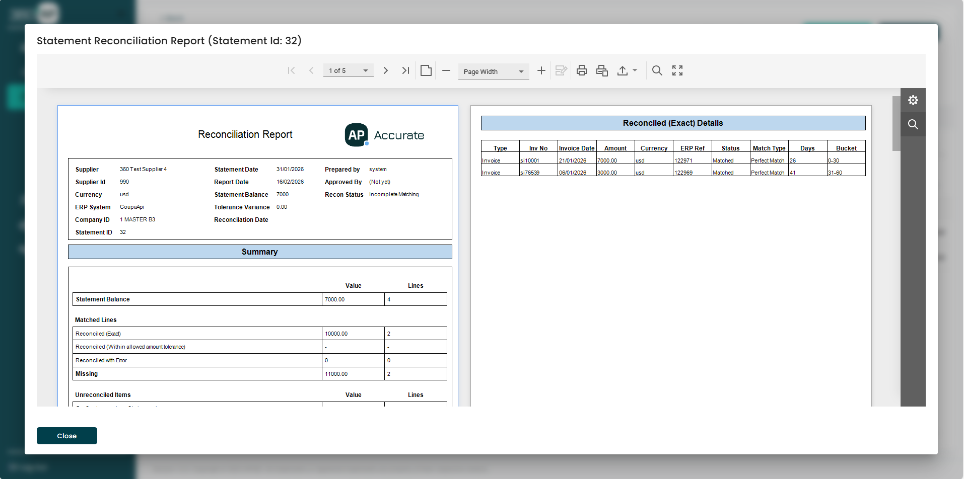 Audit-ready reconciliation report with summary, reconciled details, and variance analysis