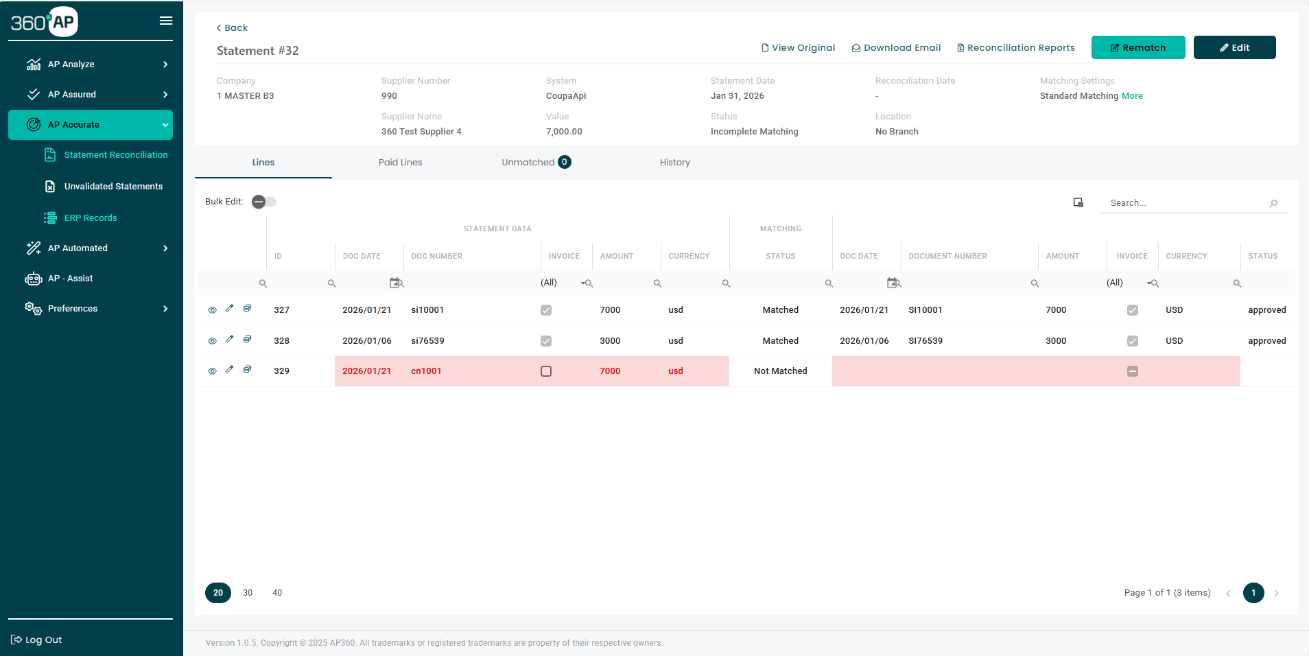 AP Accurate reconciliation interface