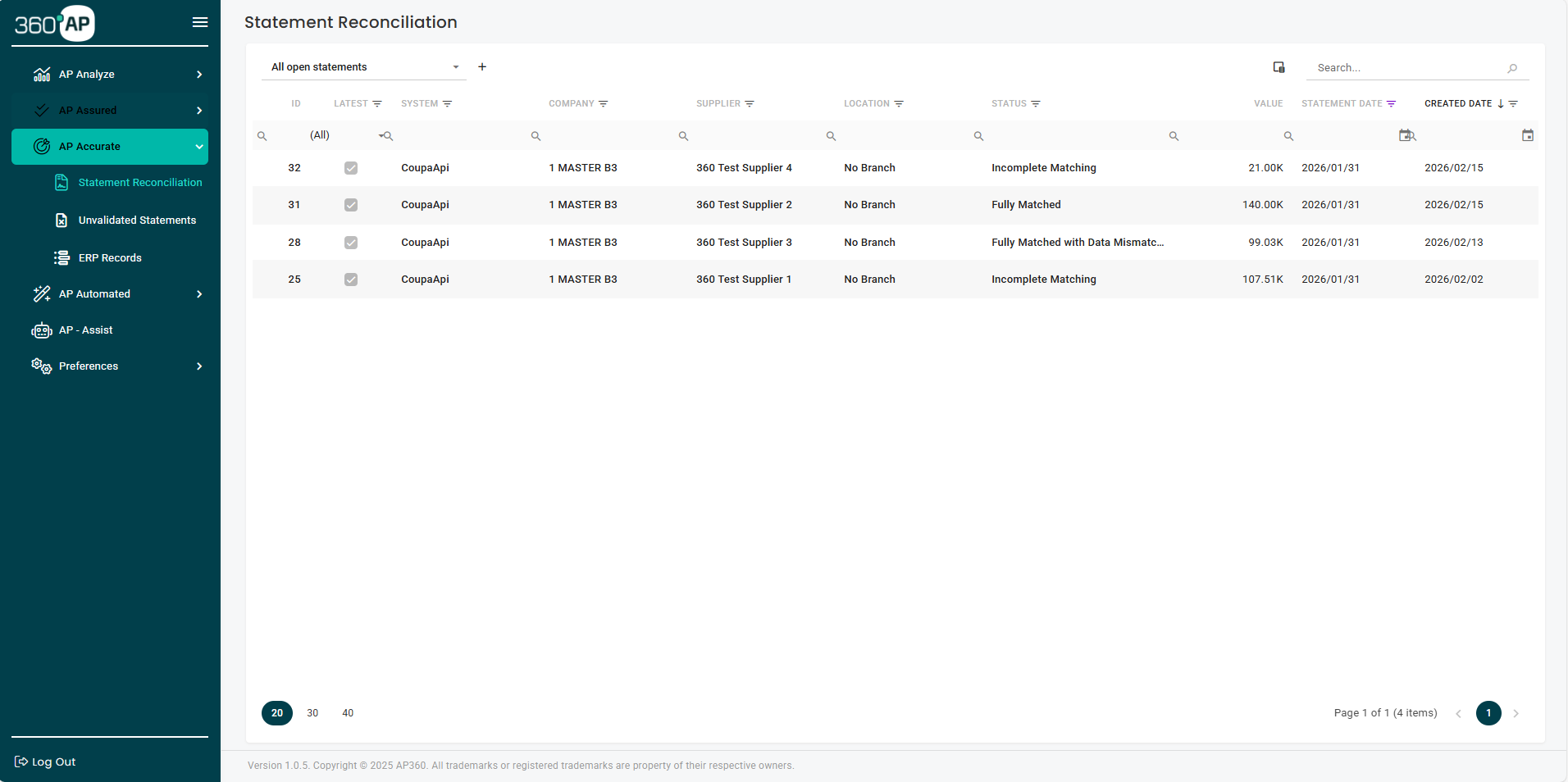 AP Accurate statement reconciliation list view showing matching statuses
