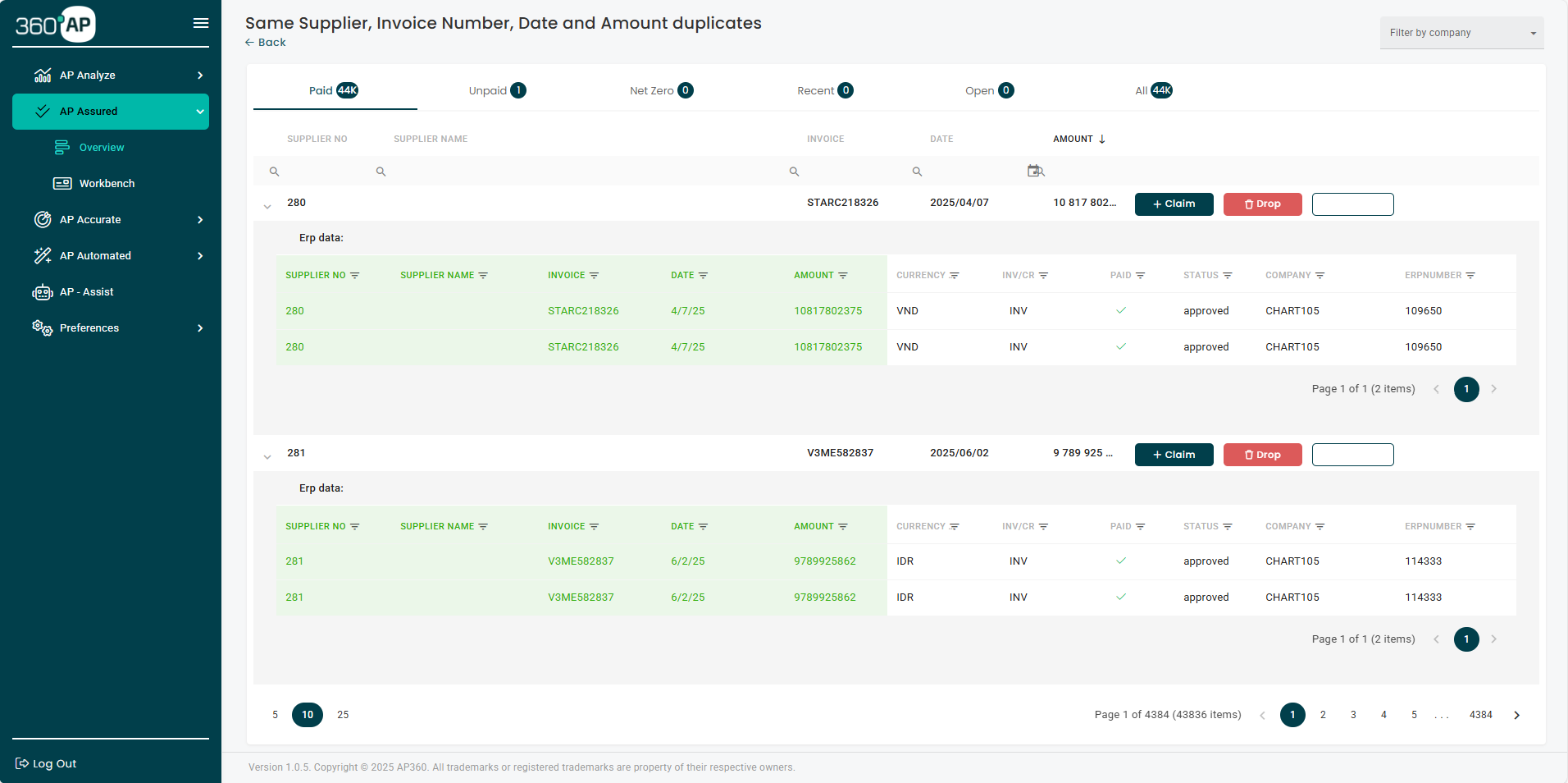 AP Assure duplicate detection interface showing flagged duplicates